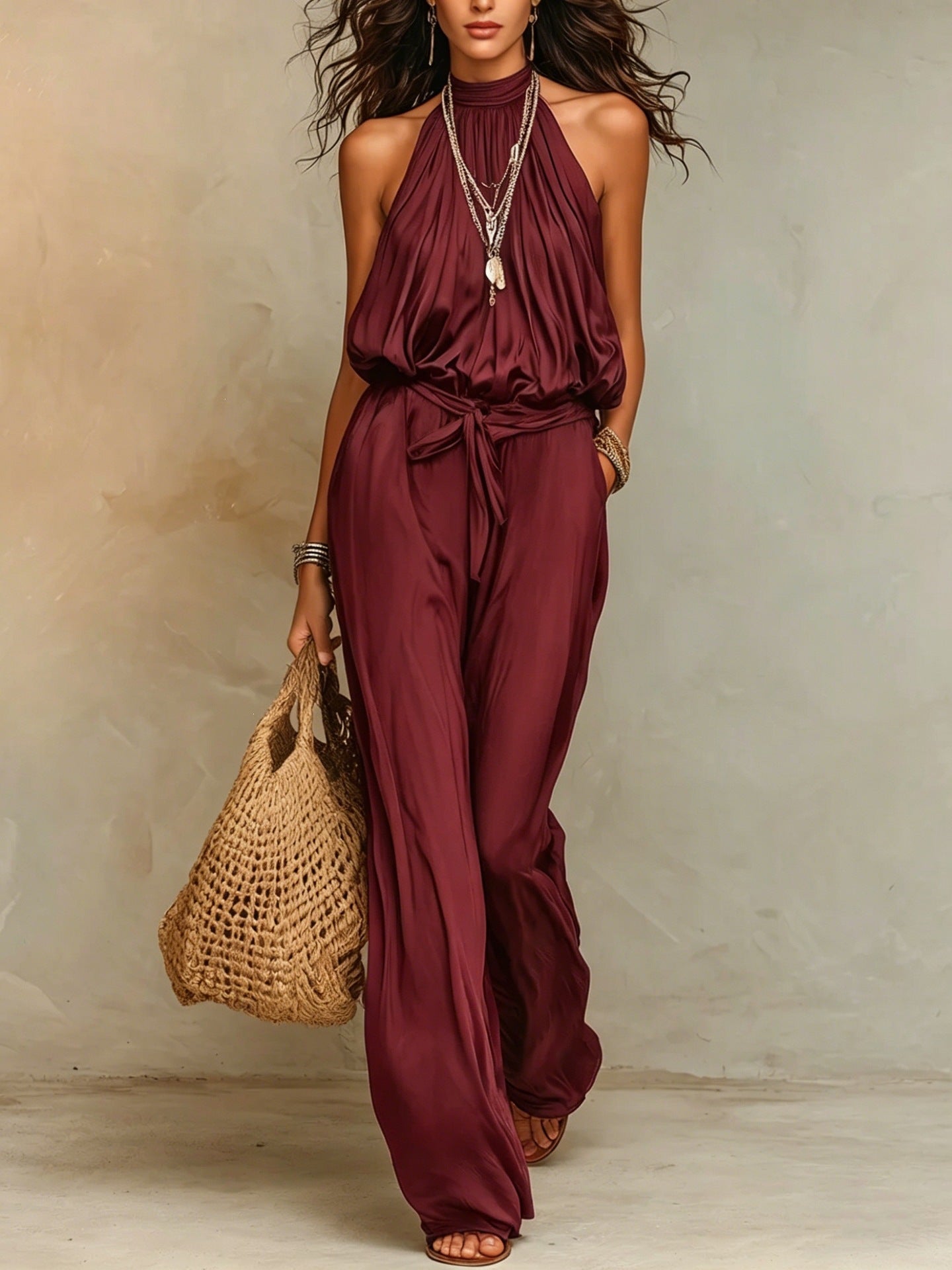 Women's Bohemian Halter Cotton Brocade Waist Vacation Sleeveless Women's Jumpsuit/clothing