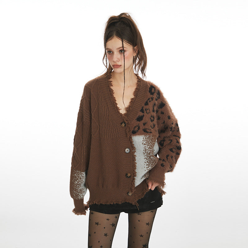 Women's American Leopard Fashionable Stitching Knitted Sweaters