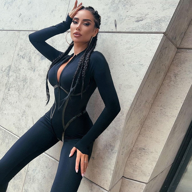 Fashion Sports Leather American Split Line Long Sleeve Women's Jumpsuit/clothing