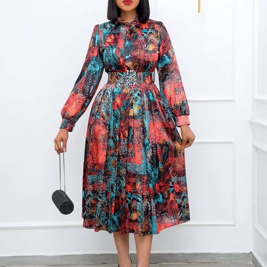 Long Sleeve High Waist Print Banquet Dress