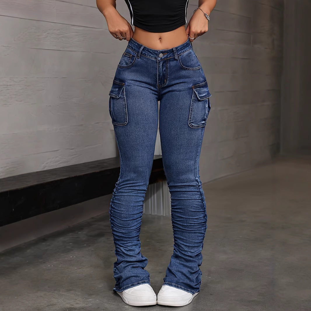 Women's Denim Trousers Side Pleated Design Waist Stretch Retro Jeans