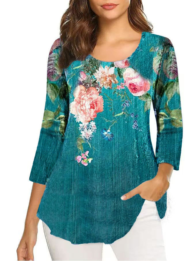 Autumn Three-quarter Sleeve Round Neck Printed Mid-length Bottoming Tops