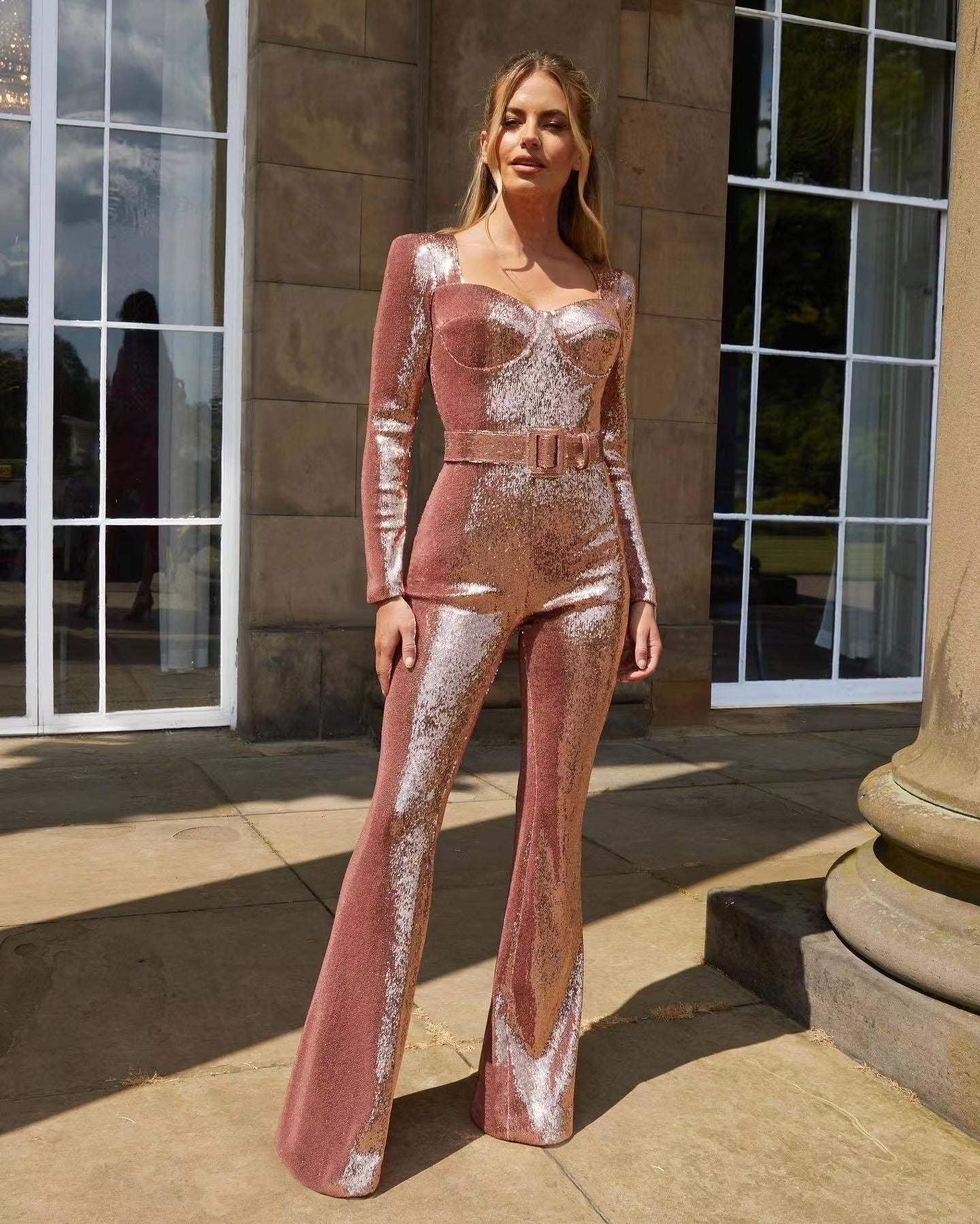 Women's Long-sleeved Belt Mopping Sequined Dress Fashion Jumpsuits