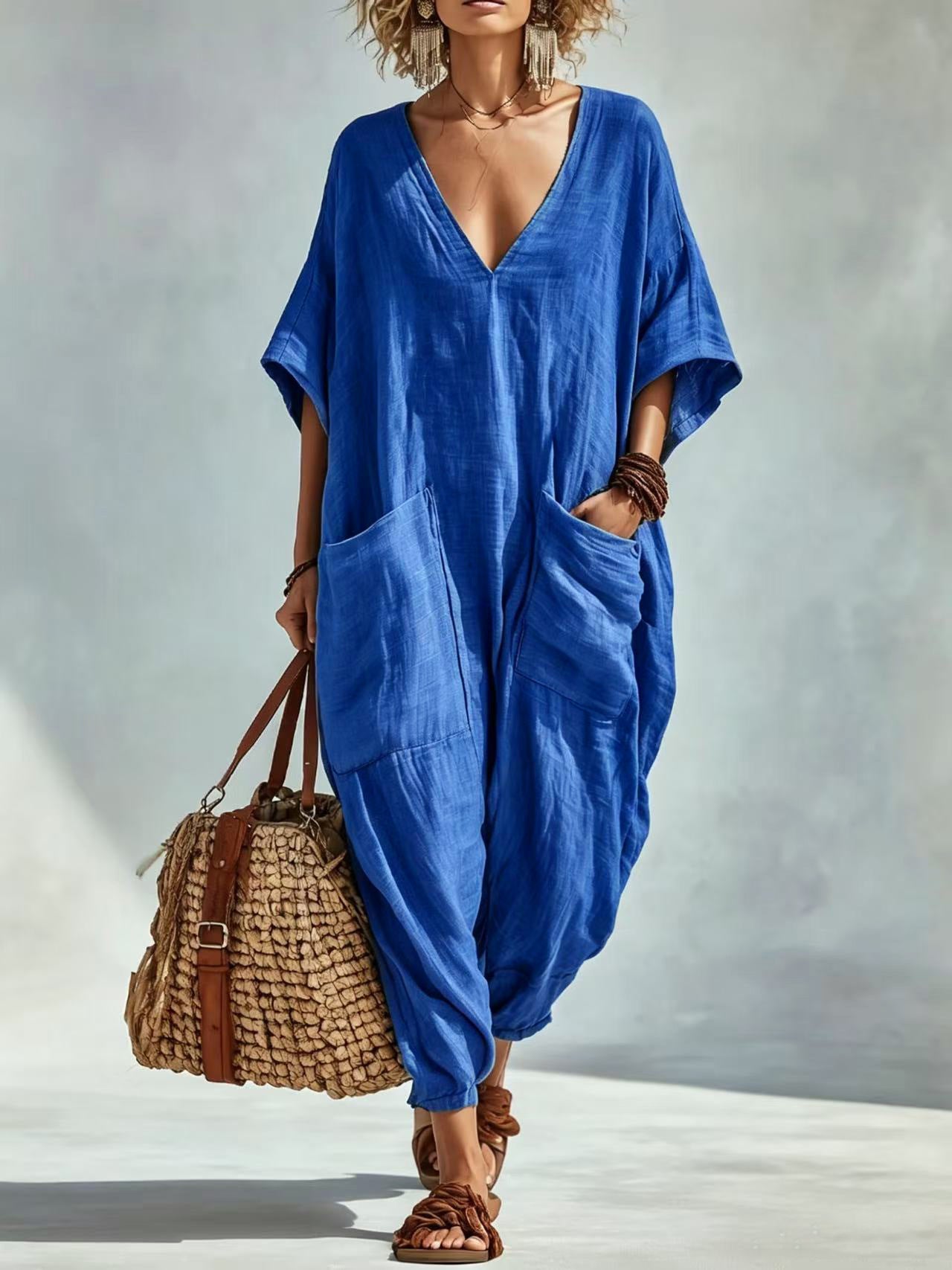 Women's Cotton Linen Loose Large Pocket Bloomers Beach Jumpsuits