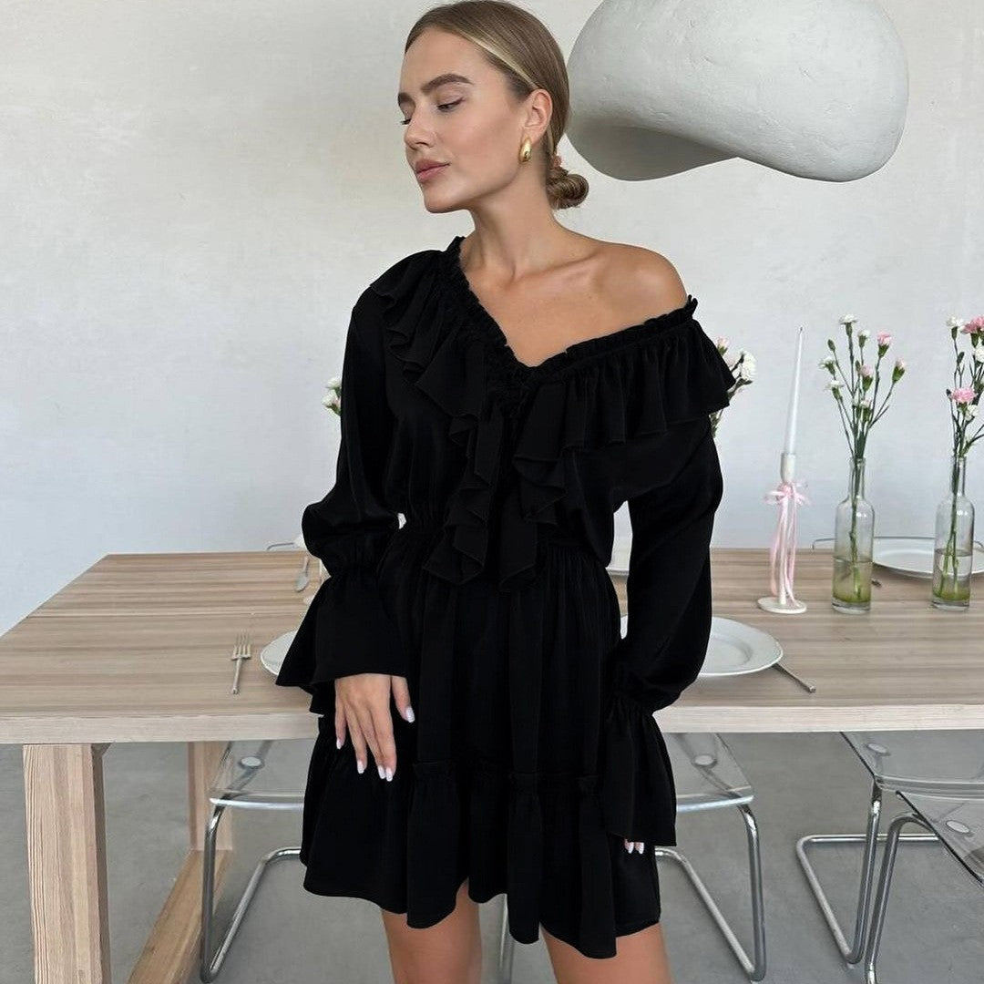 Women's Fashionable Pleating Bell Sleeve Ruffled White Dress Spring Dresses