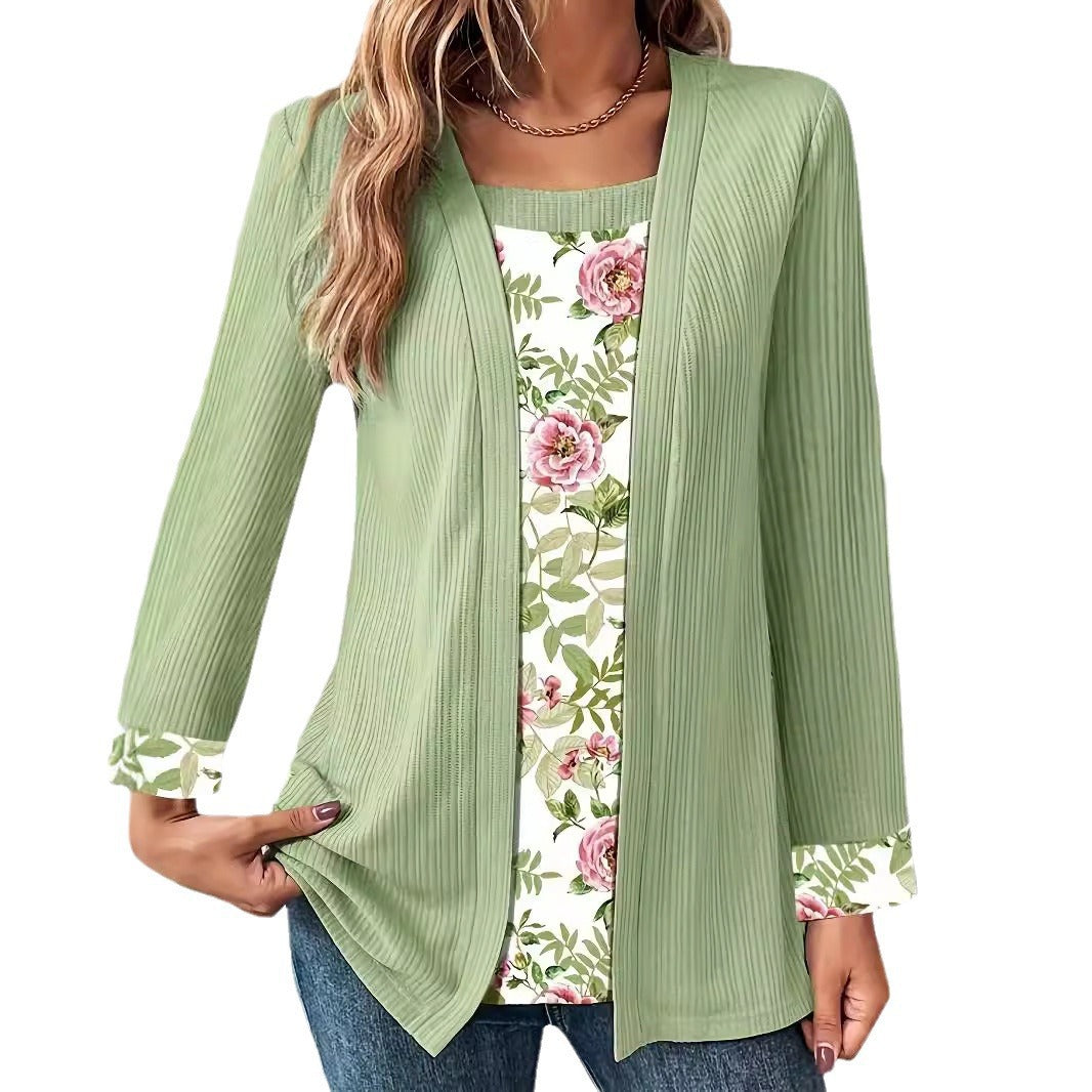 Women's Solid Color Printing Stitching Faux Two-piece Set Women's T-shirt