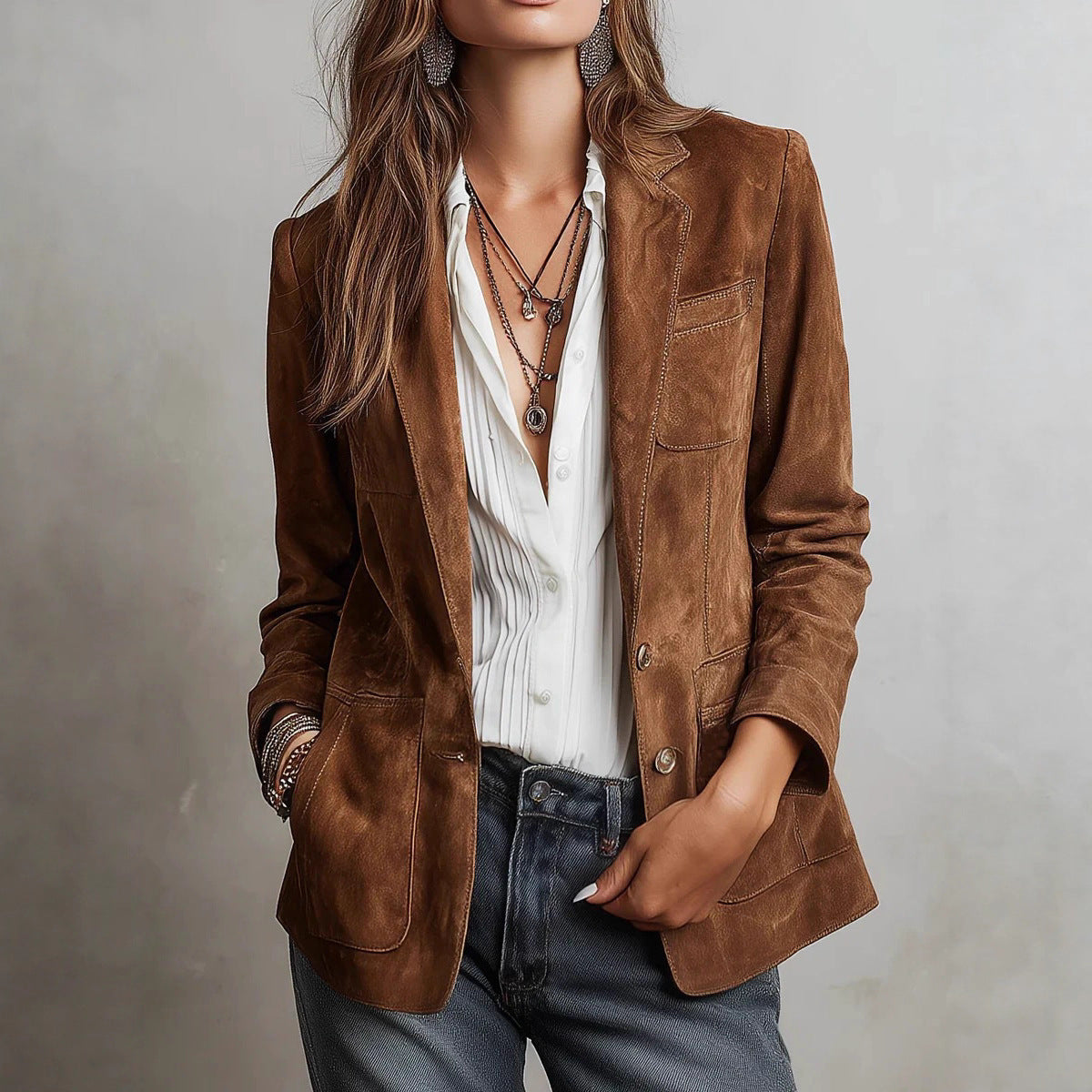 Women's Autumn Elegant Brown Suede With Pockets Coats