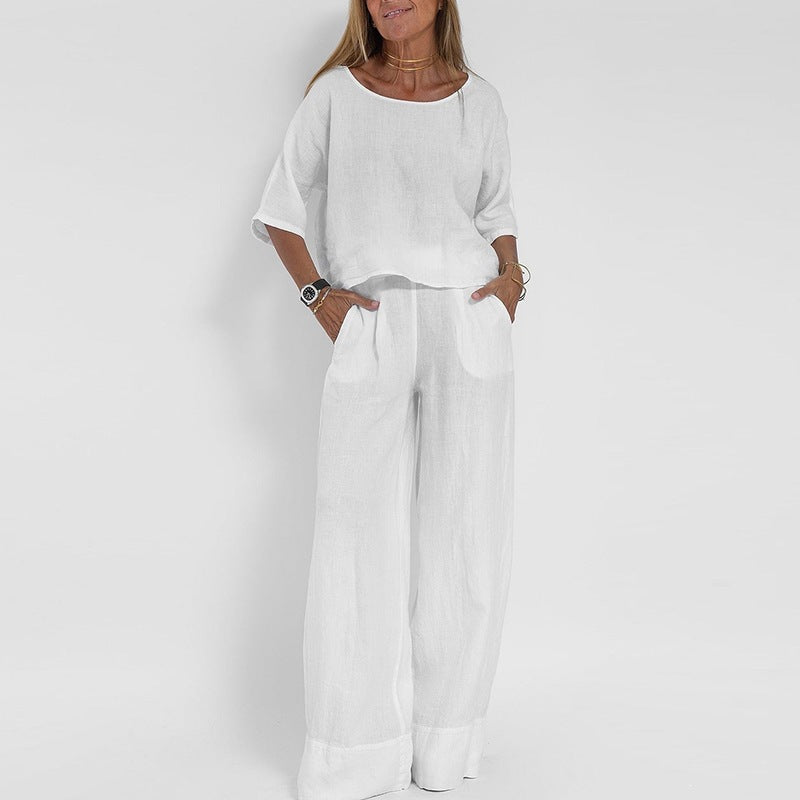 Women's Summer Solid Color Cotton Linen Sleeve Loose Wide Fashion Casual Suit