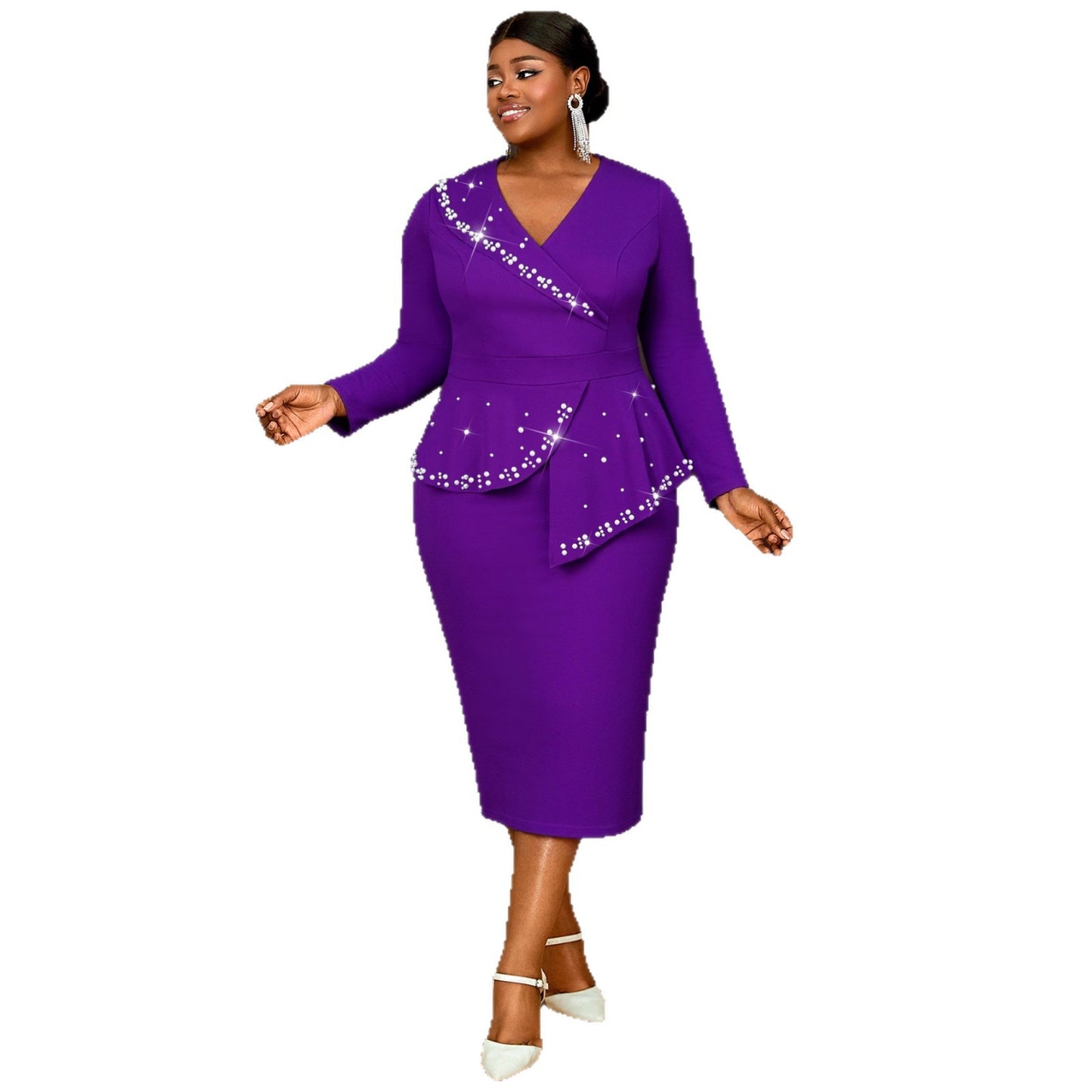 Women's Purple Dress Flounced Rhinestone Elegant Graceful Plus Size