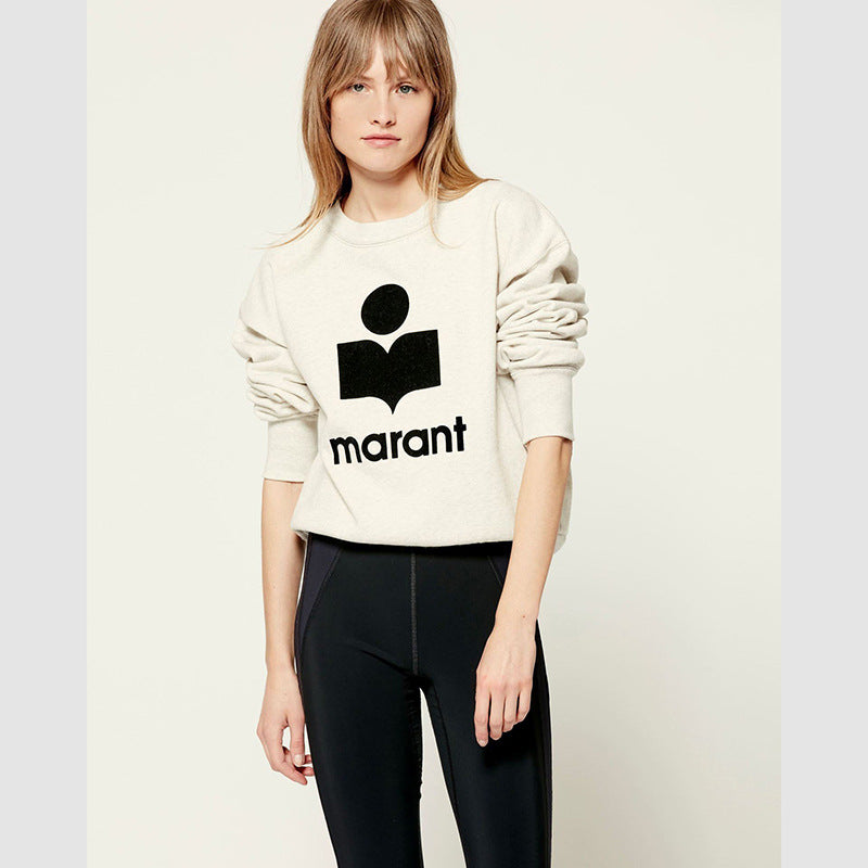 Women's Classic Flocked Printed Black White Cotton Crew Sweaters