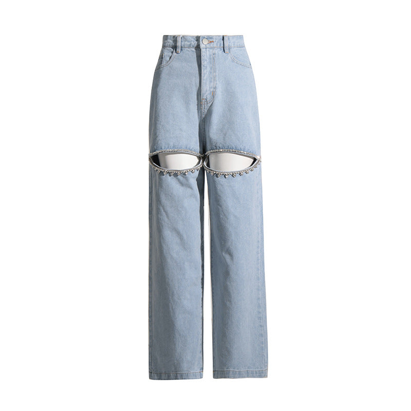 Waist Long Diamond Studded Hollow Design Jeans