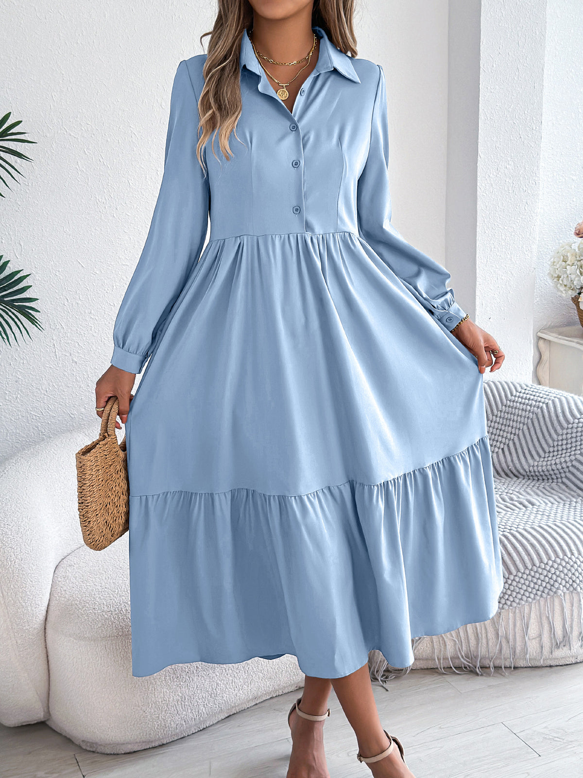 Women's Lapel Casual Loose Long Sleeve Ruffled Clothing