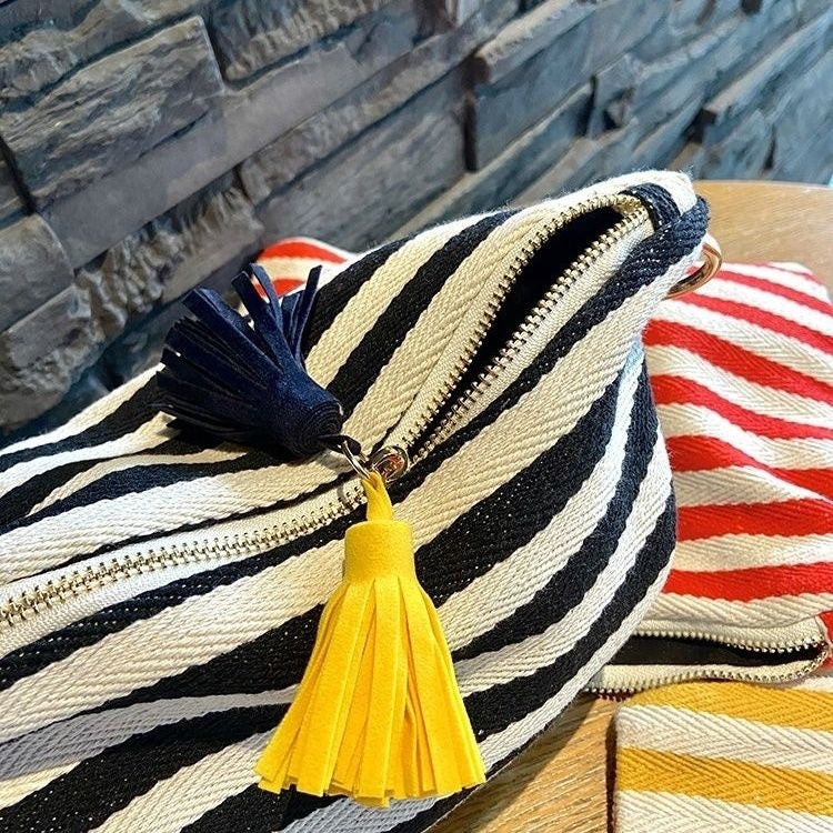 Large Capacity Handmade Personality Canvas Striped Tassel Handbags