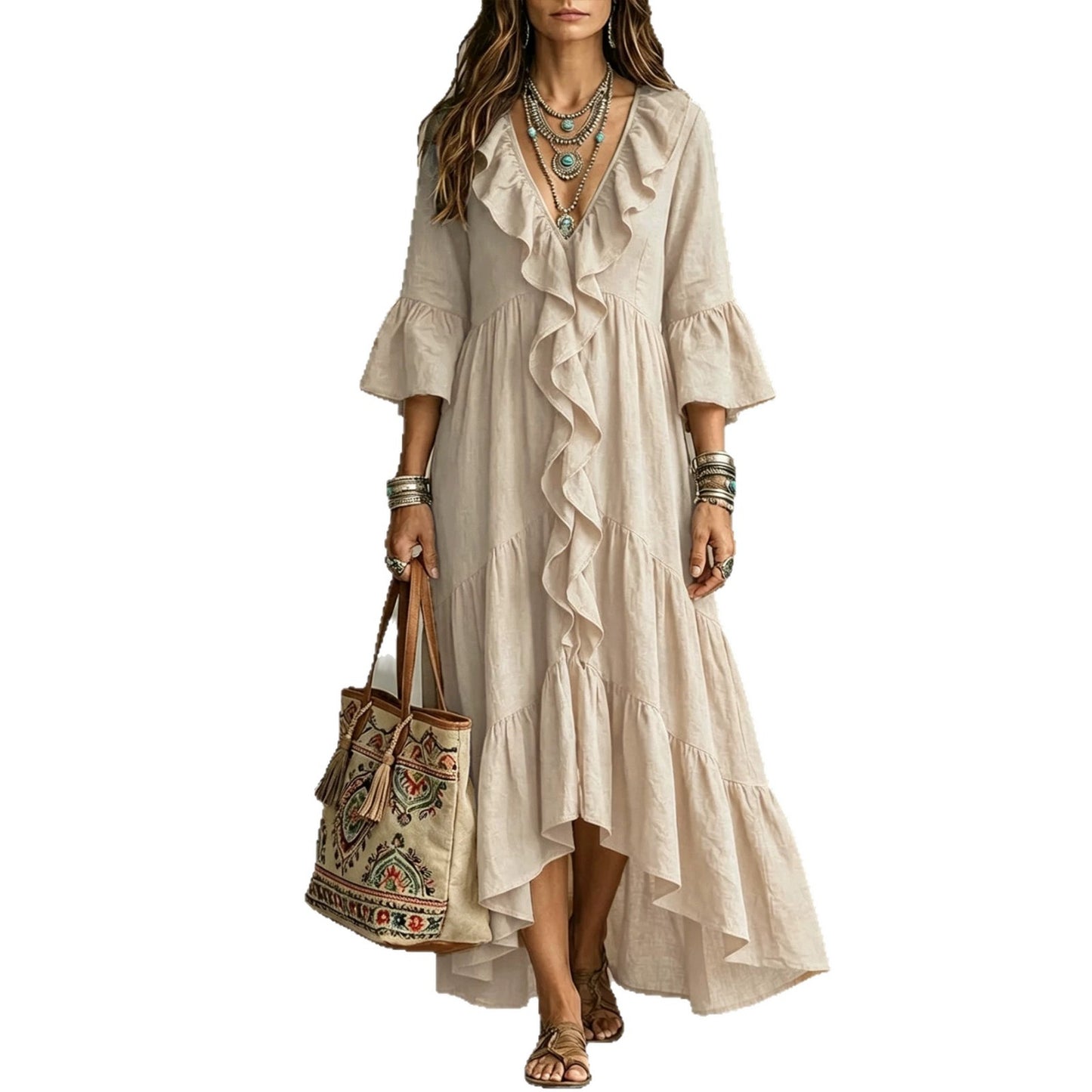 Autumn Casual Flare Sleeve Ruffled Vintage Dress