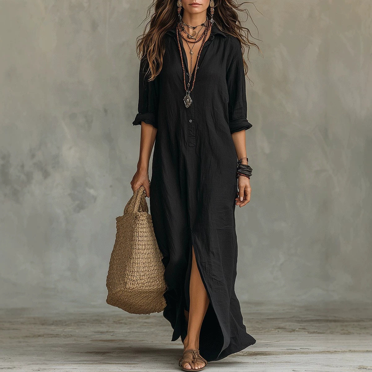 Shirt Collar Floor Casual Slit Long Dress