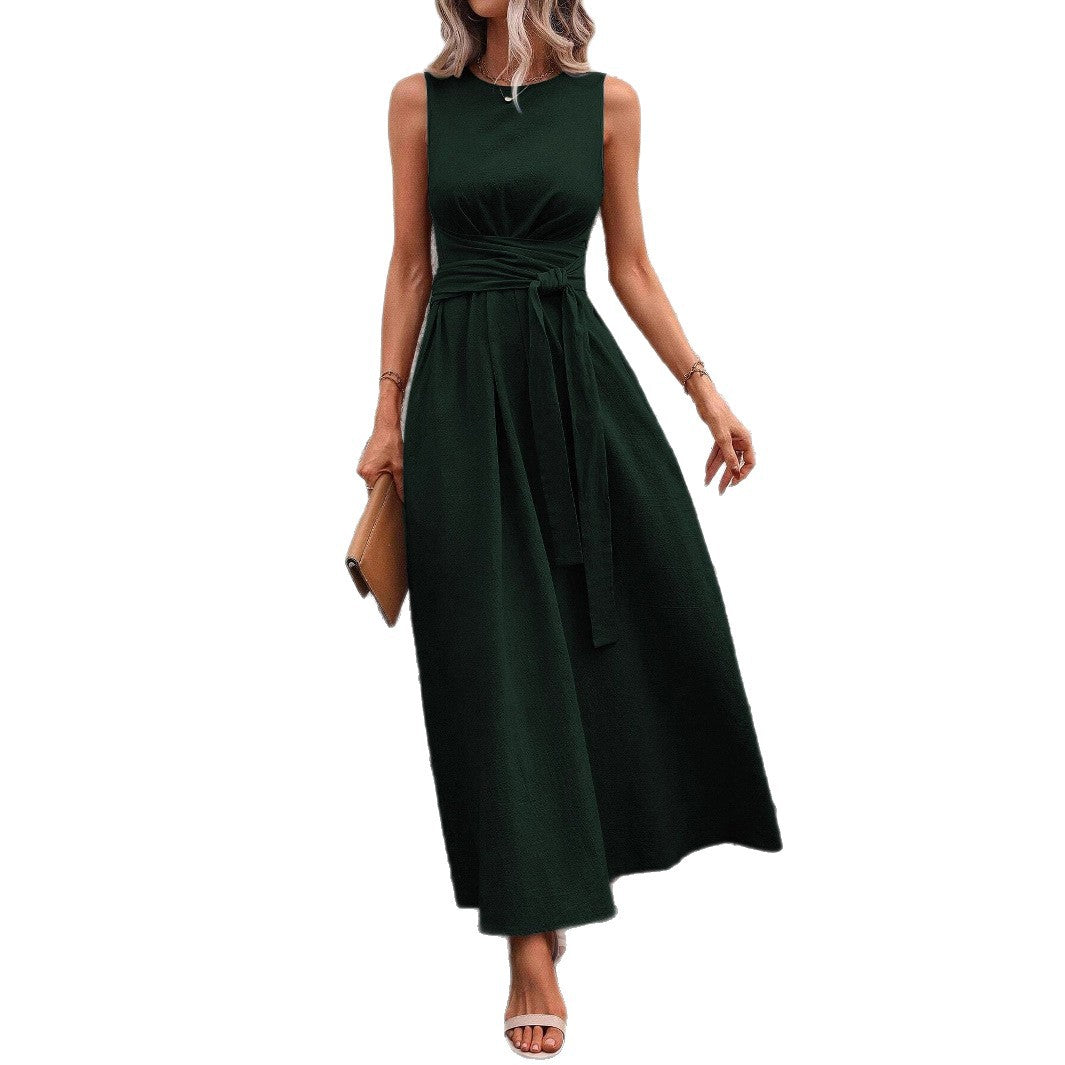 Women's Solid Color Round Neck Waistline Sleeveless Comfort Casual Vacation Dress