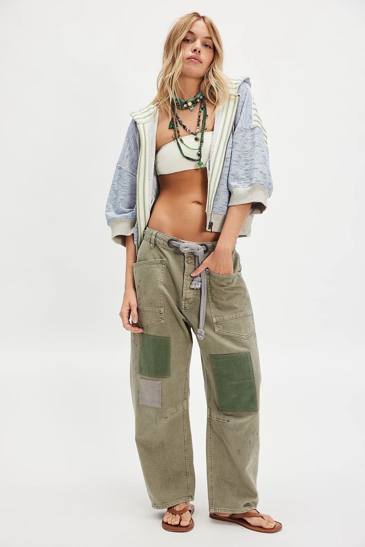 Retro Washed Stitching Patchwork Straight Drawstring Women's Jeans