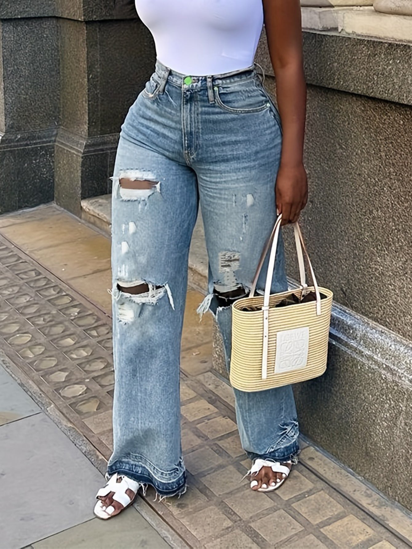 Women's Light Color Water Scrubbing Ripped Style Loose Jeans
