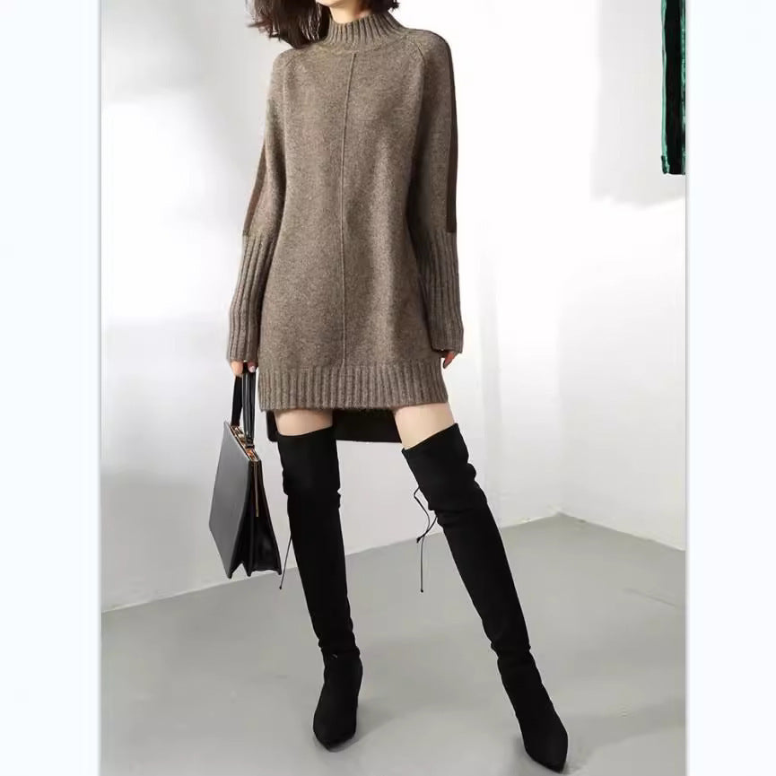 Women's Half Turtleneck Color-matching Dress Mid-length Loose Dresses