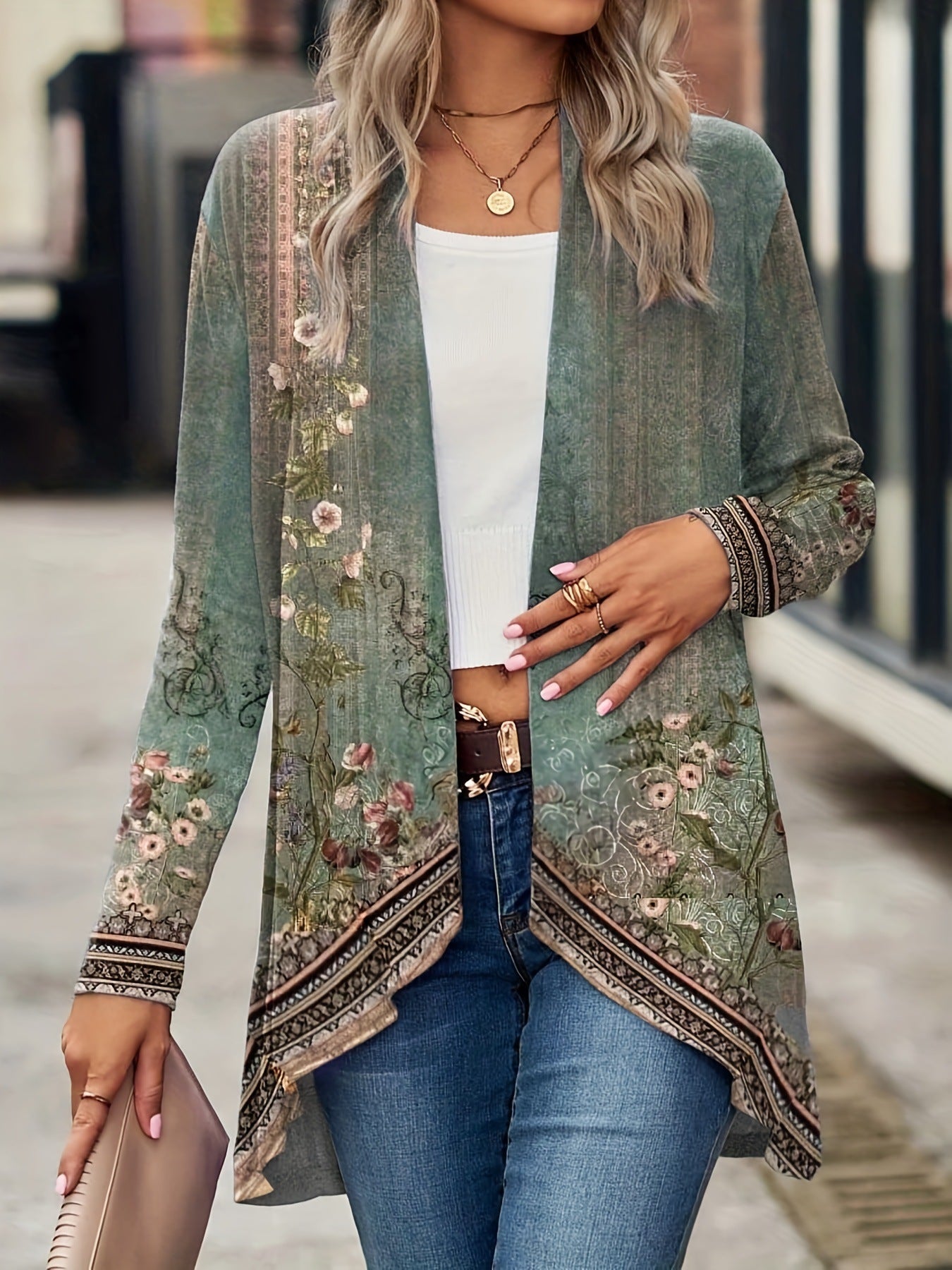 Women's Autumn Long Sleeve Plant Flower Print Cloak Cardigans