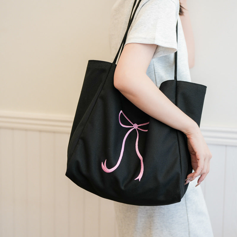Capacity Bowknot Embroidered Canvas Female Heart Shoulder Bags