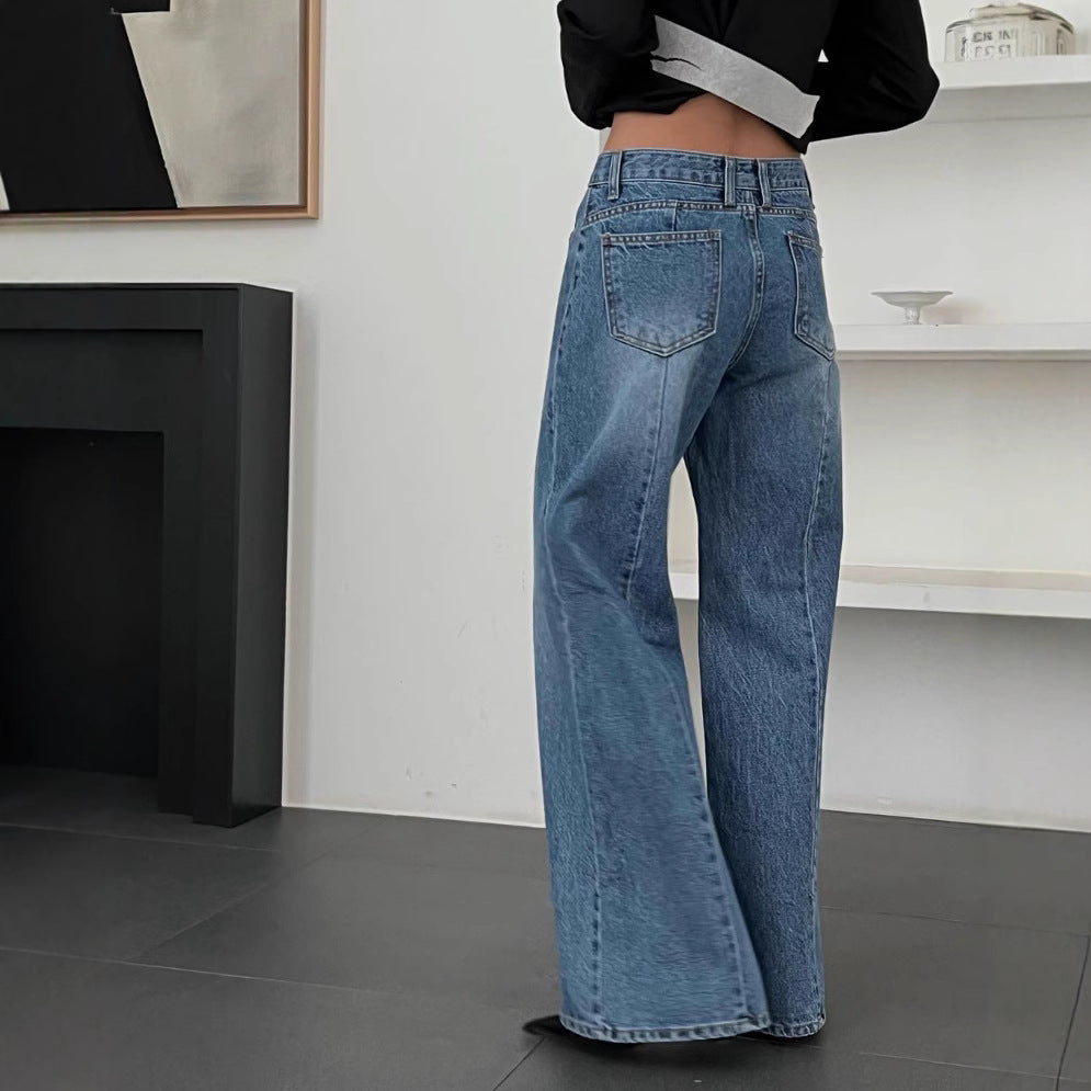 Style Retro Washed Western Pocket Design Loose Slim Women's Jeans