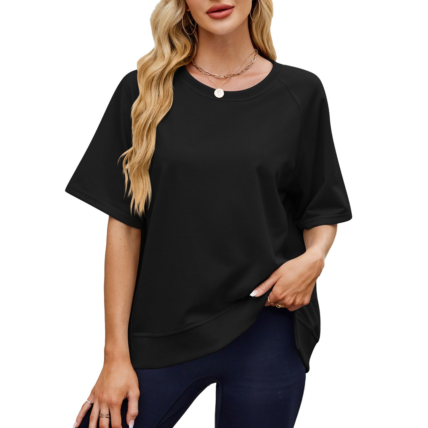 Women's Solid Color Thread Round Neck Shirt With Half Sleeve Shorts