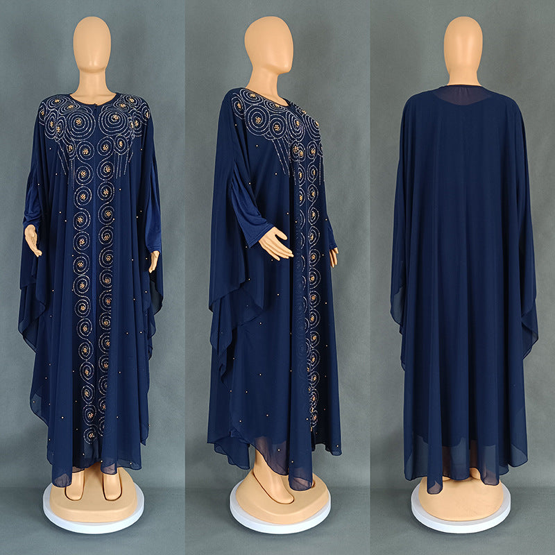 Women's African Arabic Long Gown Chiffon Rhinestone Dresses