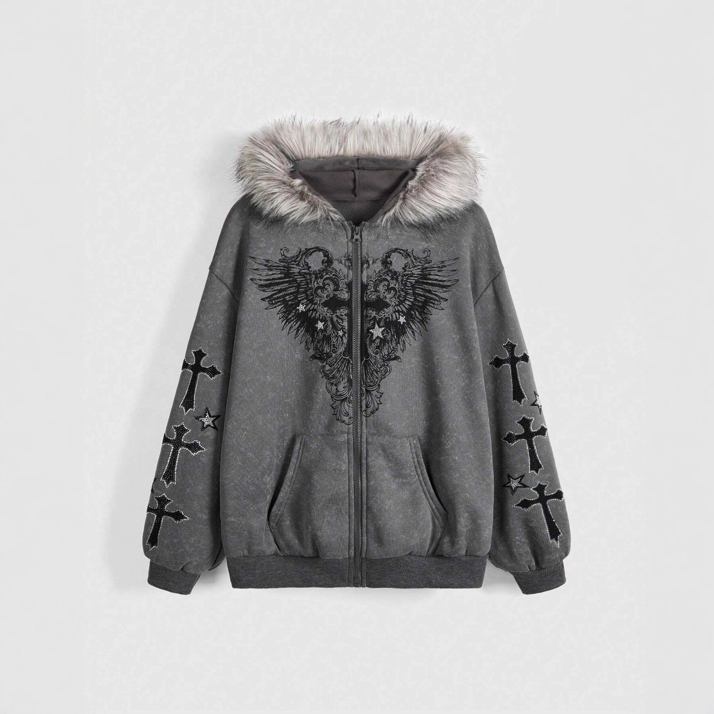 Gothic Cross Wings Printing Fur Collar Sweaters