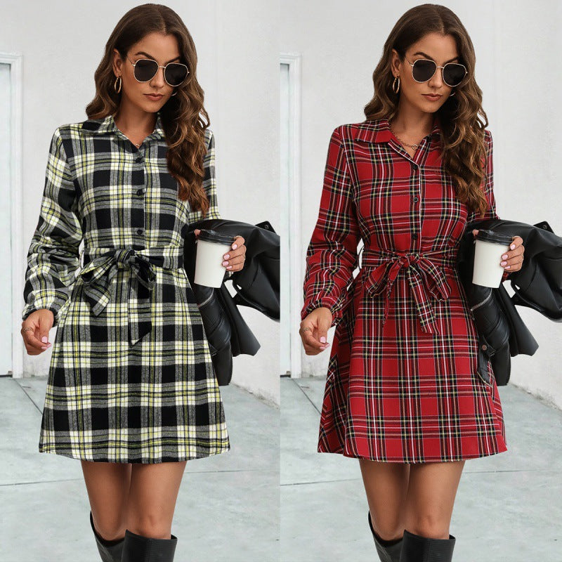 Versatile Women's Lantern Sleeve Plaid Shirt Dress