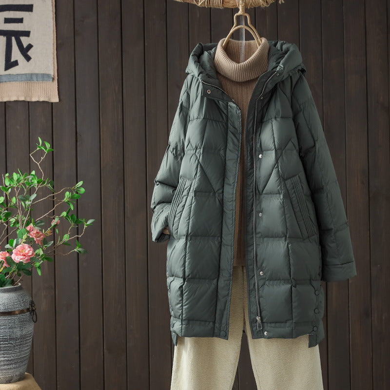Women's Mid-length Adhesive Hooded Lightweight Down Korean Jackets