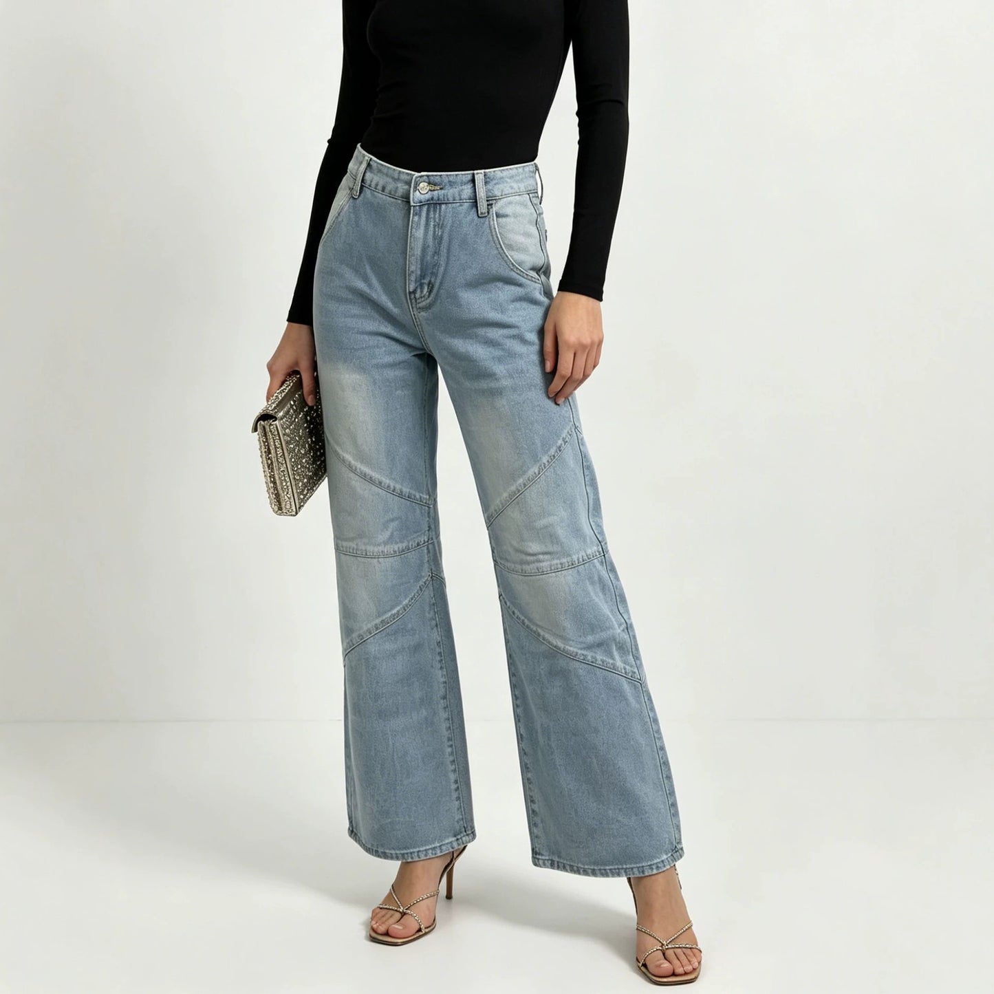 Women's Fashionable Pleated Washed High Street Straight Jeans