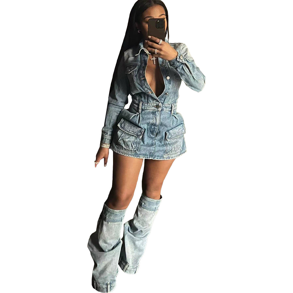 Women's Sexy Washed Denim Dress Three-piece Set Suits