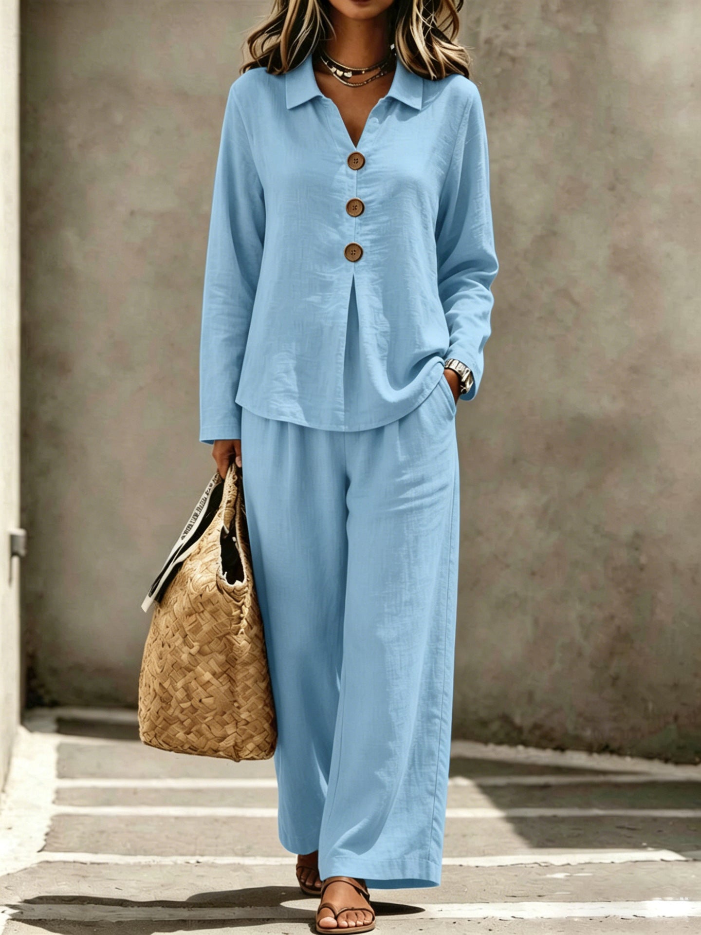 Lady Collar Decorated With Buttons Long-sleeved Trousers Suits