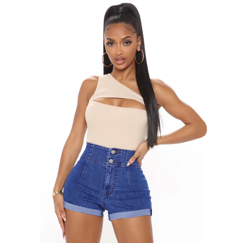 Women's Spring Temperament Commute Normal Blue Color Cotton High Waist Wash Shorts