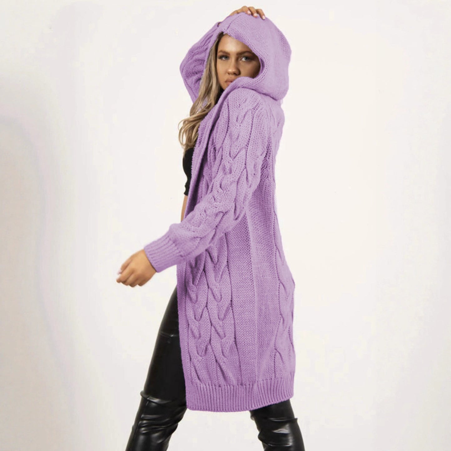 Women's Large Long Hooded Knit For Knitwear