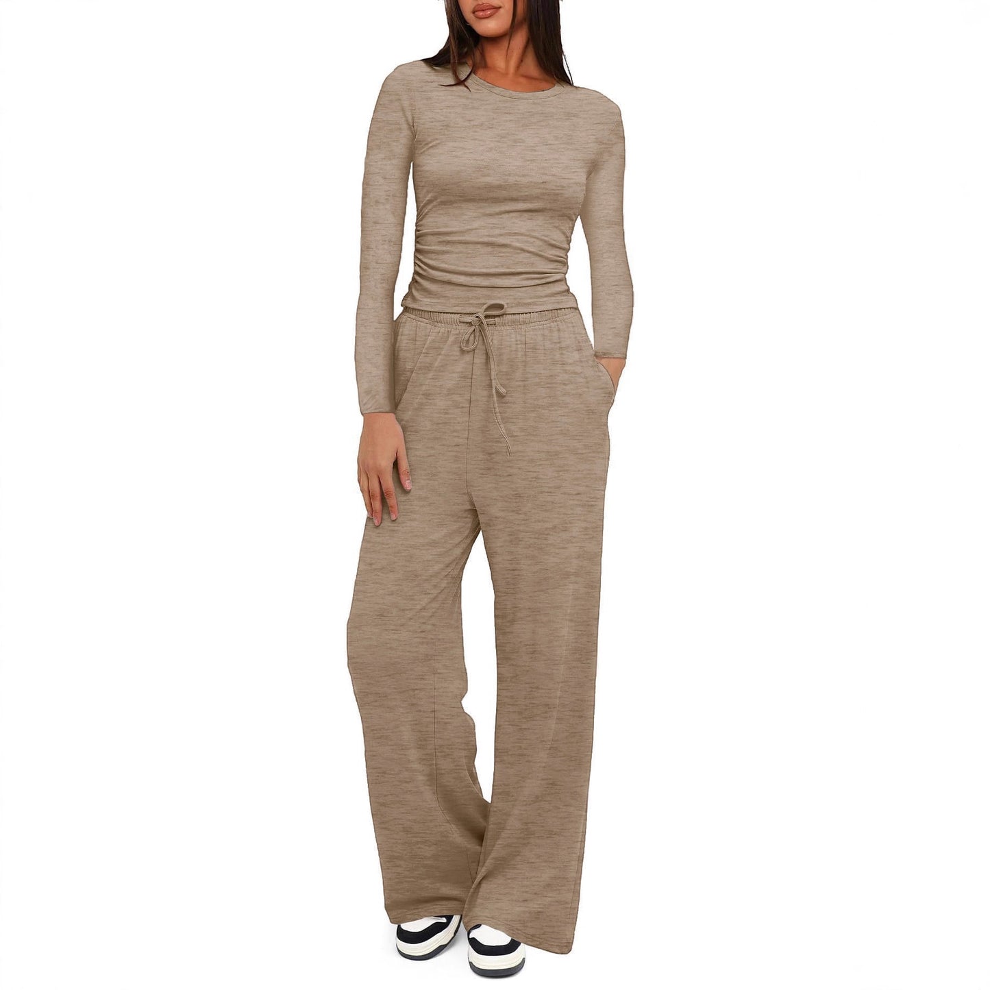 Solid Color Long Sleeves Outfit High Waist Wide Tops