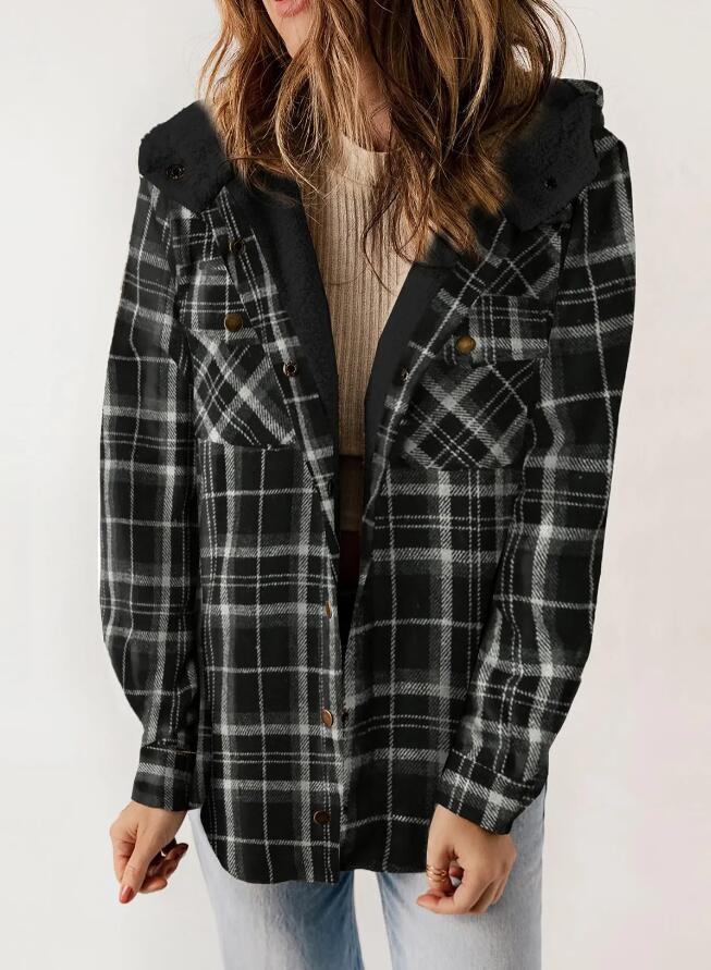 Women's Plaid Casual Long-sleeved Furry Hooded With Coats