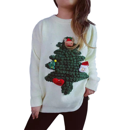 Women's American Three-dimensional Flocking Christmas Tree Red Sweaters