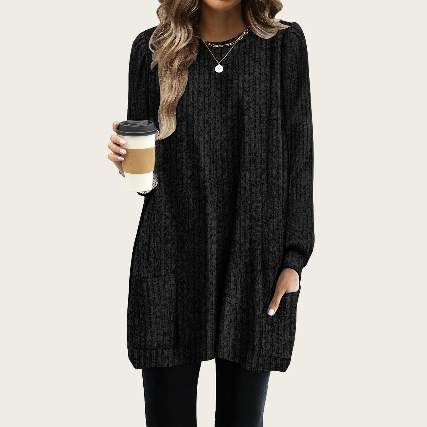 Pocket Lengthened Loose Casual Bubble Long-sleeved Women's T-shirt