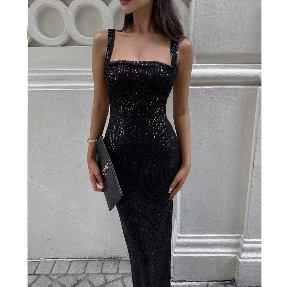 Women's Slimming Sexy Backless Shoulder Strap Slit Dresses