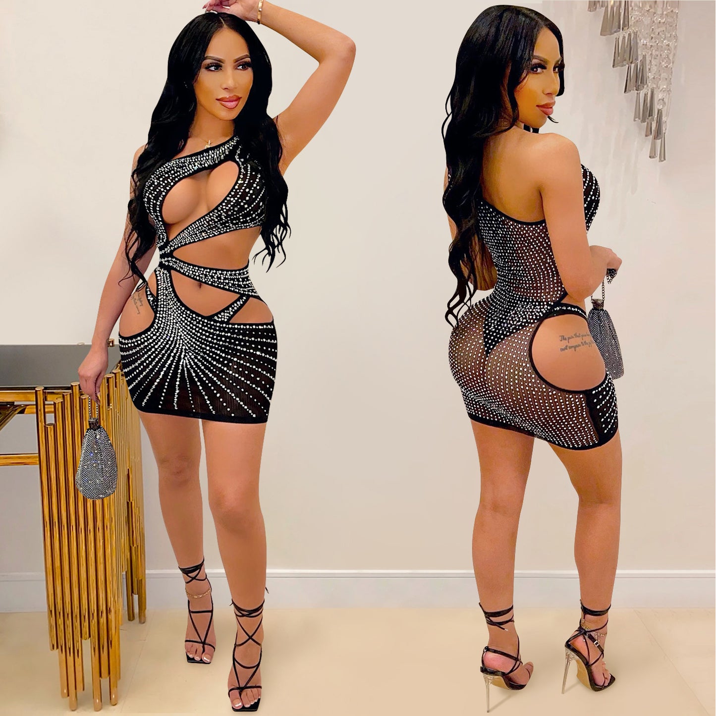 Women's Sexy Solid Color Hot Drilling Mesh Single Dresses