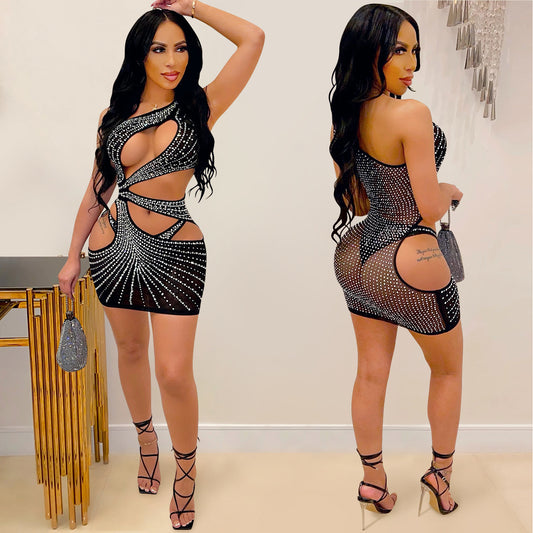 Women's Sexy Solid Color Hot Drilling Mesh Single Dresses