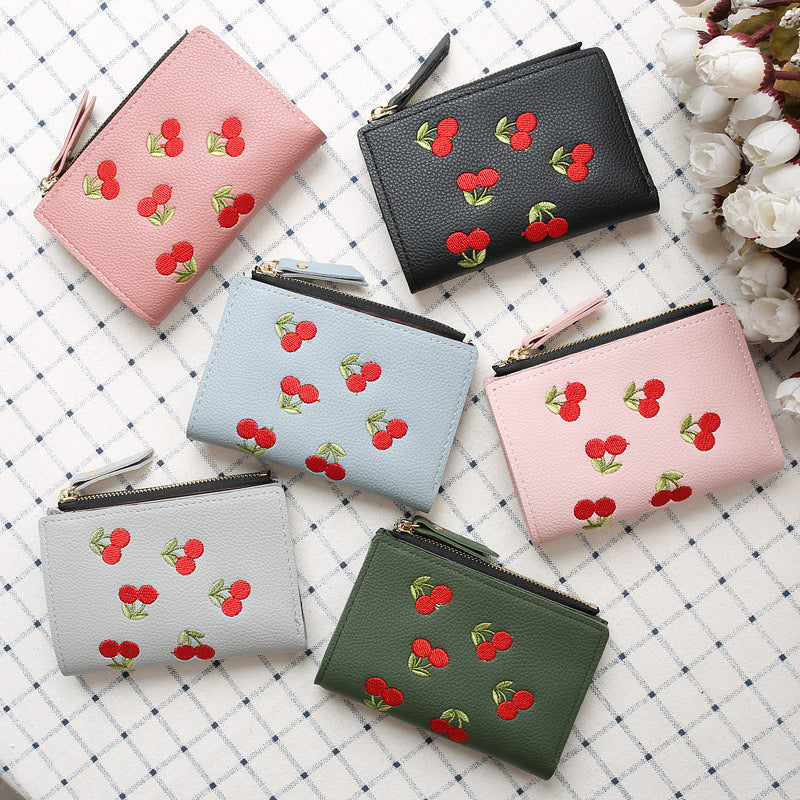Women's Style Vertical Cherry Embroidery Short Fashion Ladies Wallets