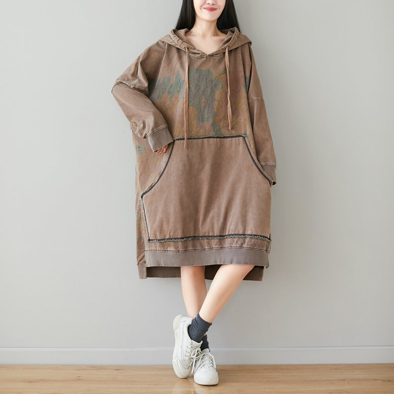 Hooded Dress Distressed Print Long Artistic Stitching Lang Sweaters