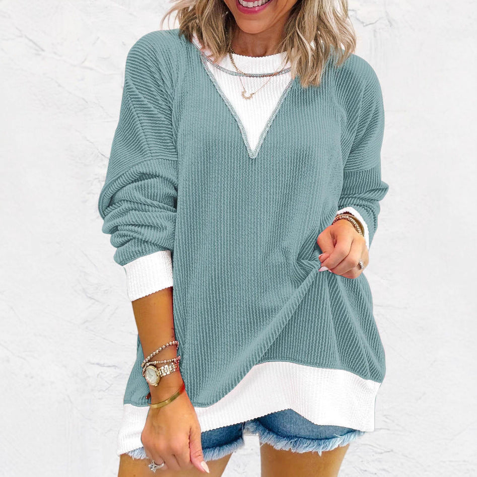 Women's Casual Loose Color Matching Round Neck Long Women's Sweater, Sweater