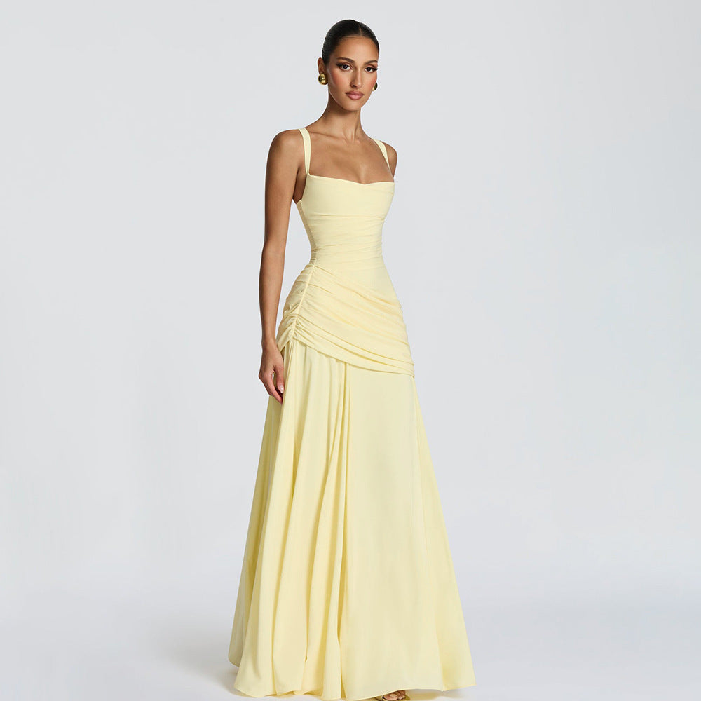 Women's Sexy Solid Color Pleated Low-cut Backless Dress