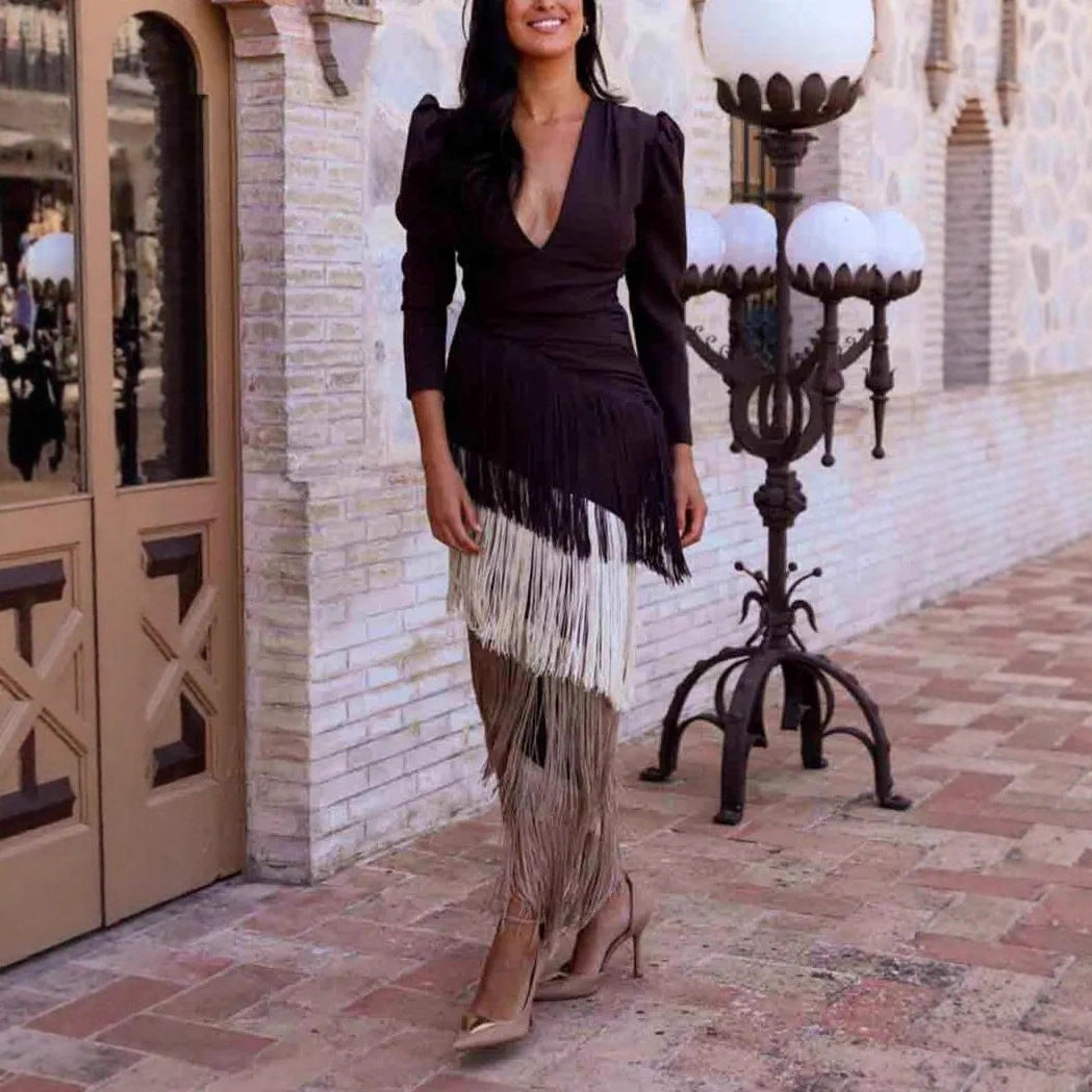 Elegant Autumn Fashion Deep Tassels Long Dresses