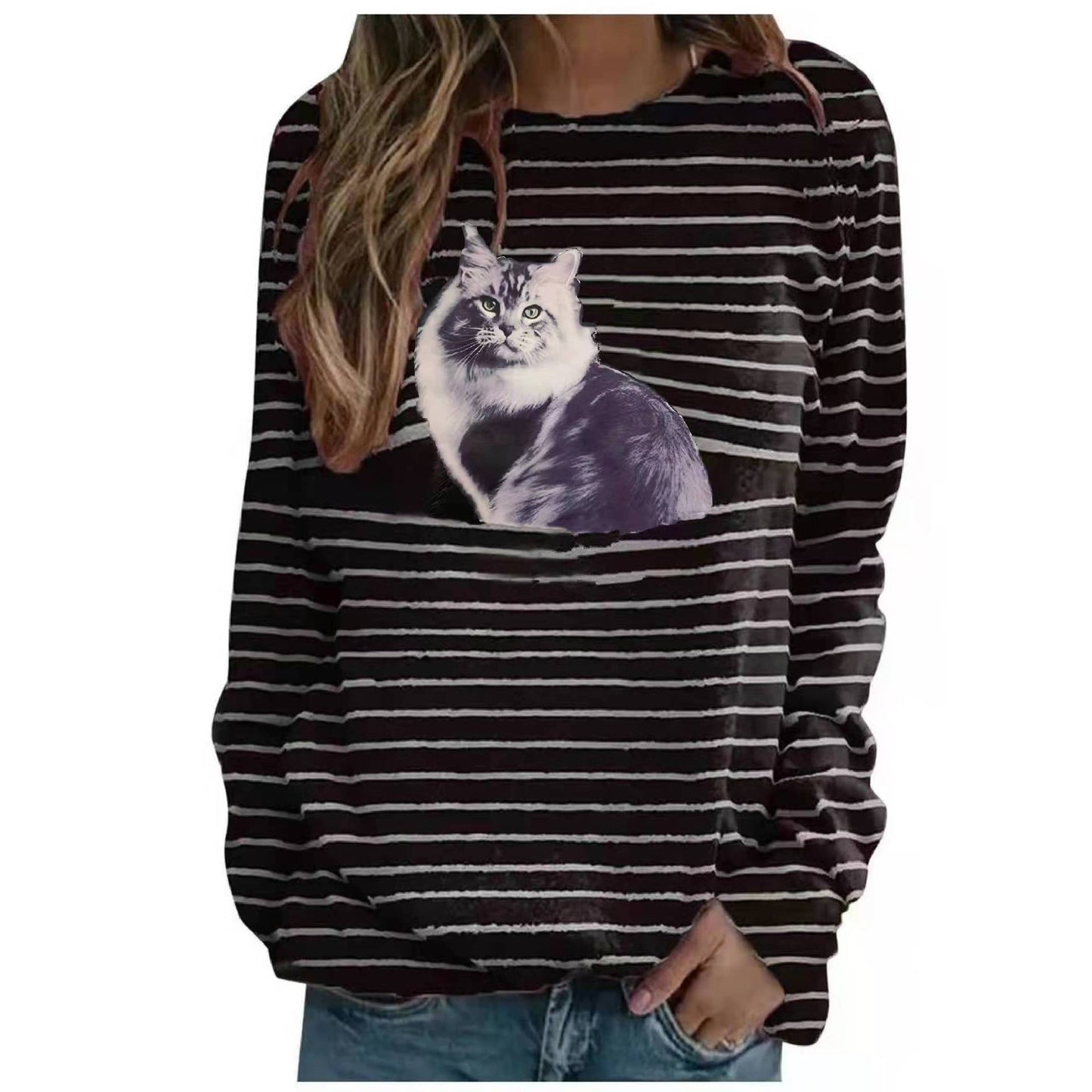 Women's Cat Printing Casual Long Sleeve Striped Women's T-shirt