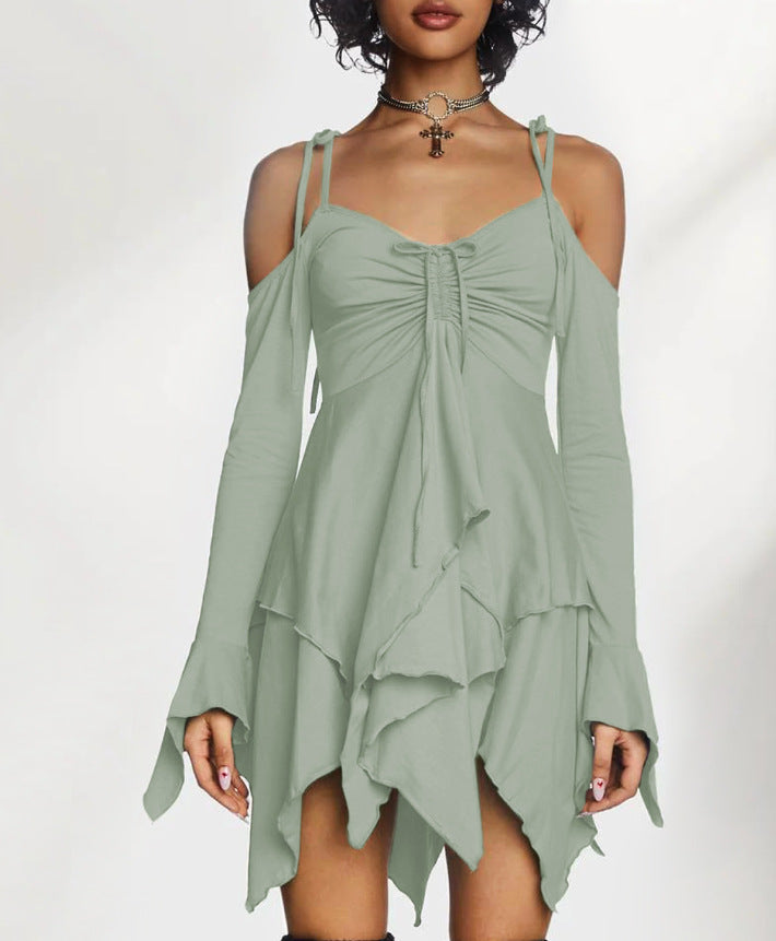 Women's Style Milk Silk Patchwork Cold-shoulder Long Sleeve High Waist Slip Clothing